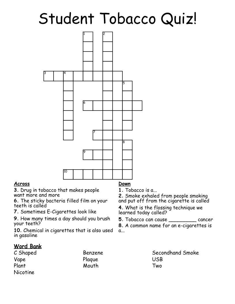 Student Tobacco Quiz! Crossword