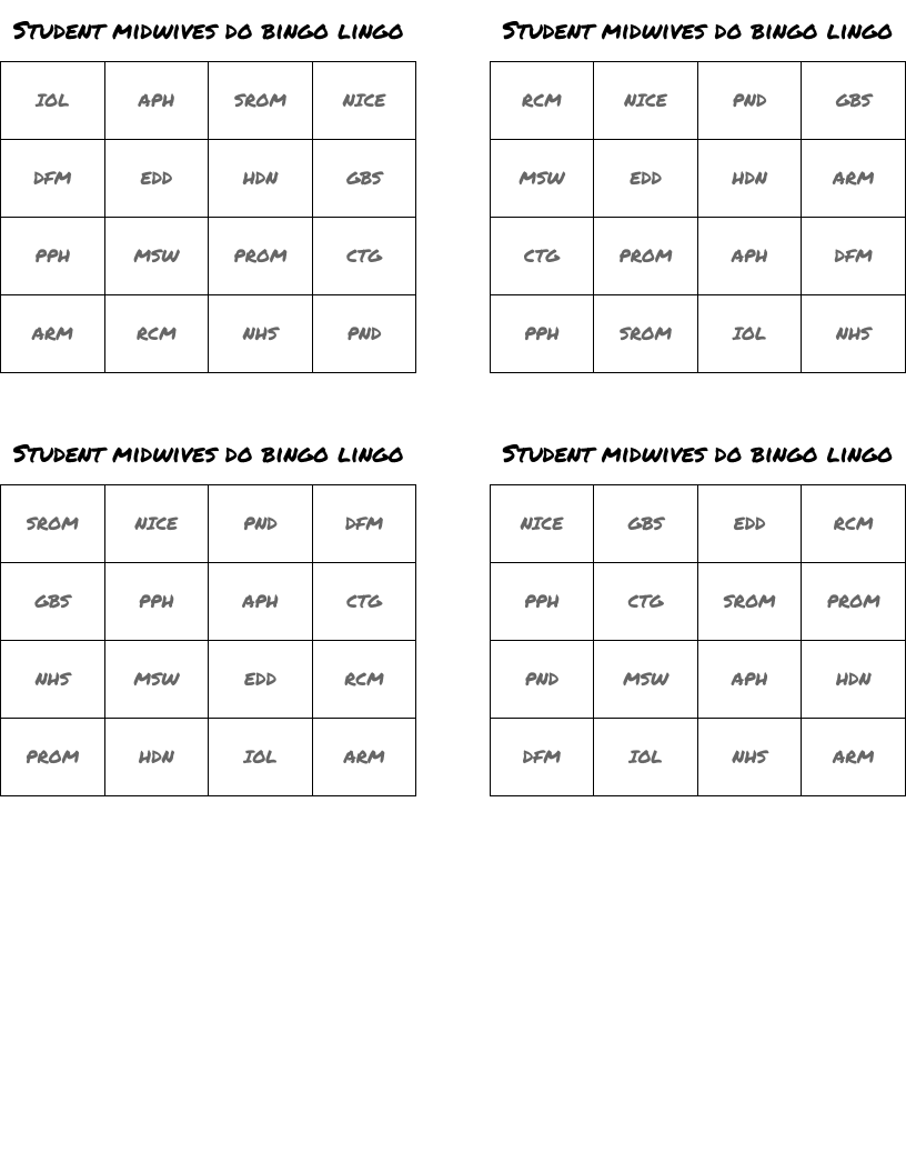 Student midwives do bingo lingo