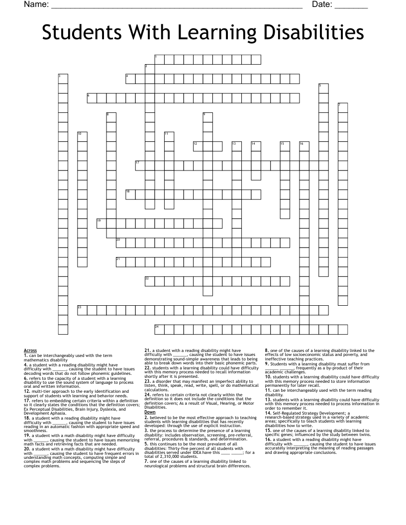 Students With Learning Disabilities Crossword