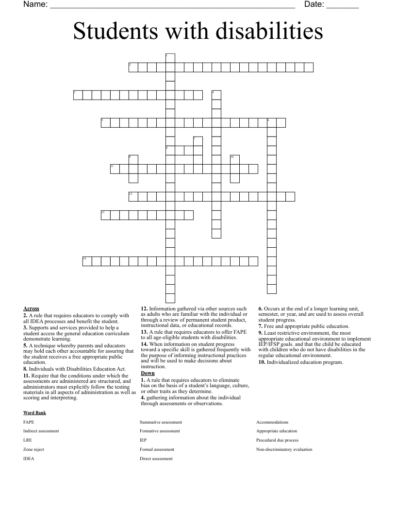 Students with disabilities Crossword