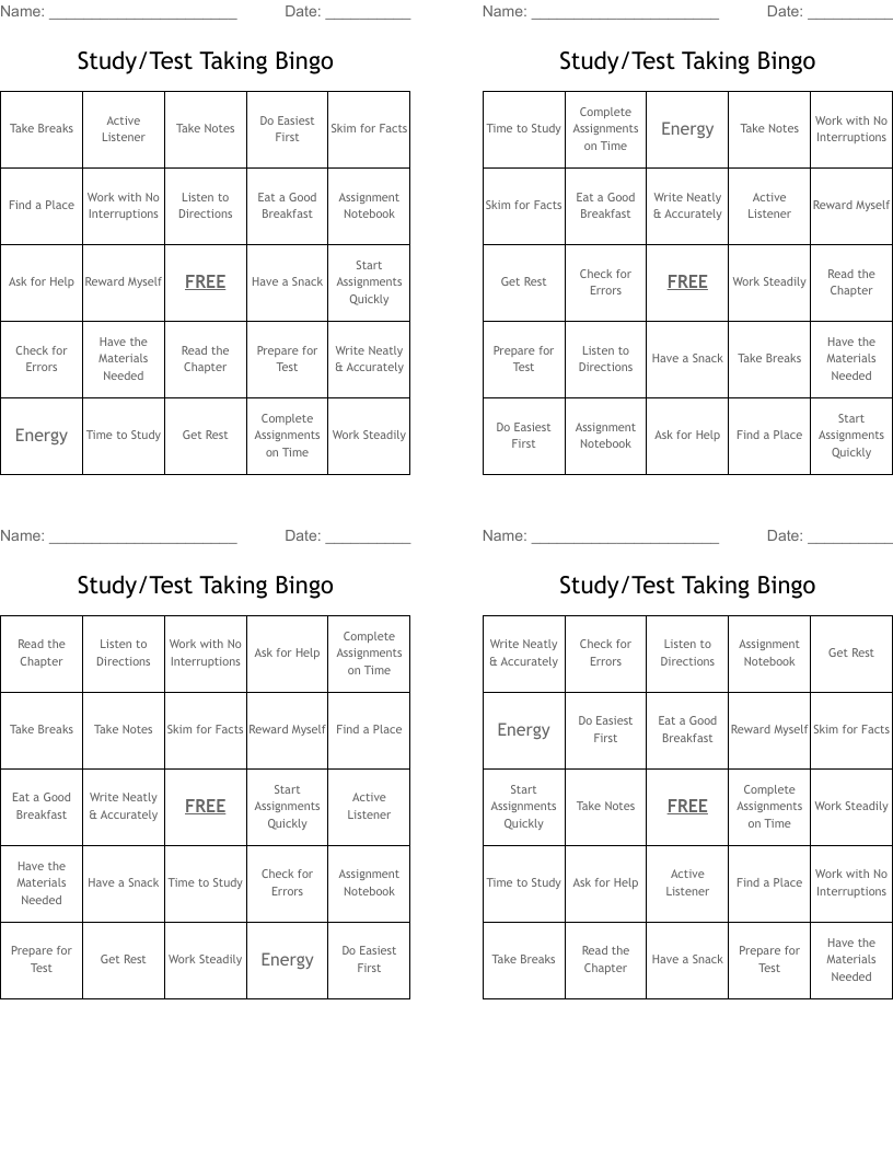 Study/Test Taking Bingo