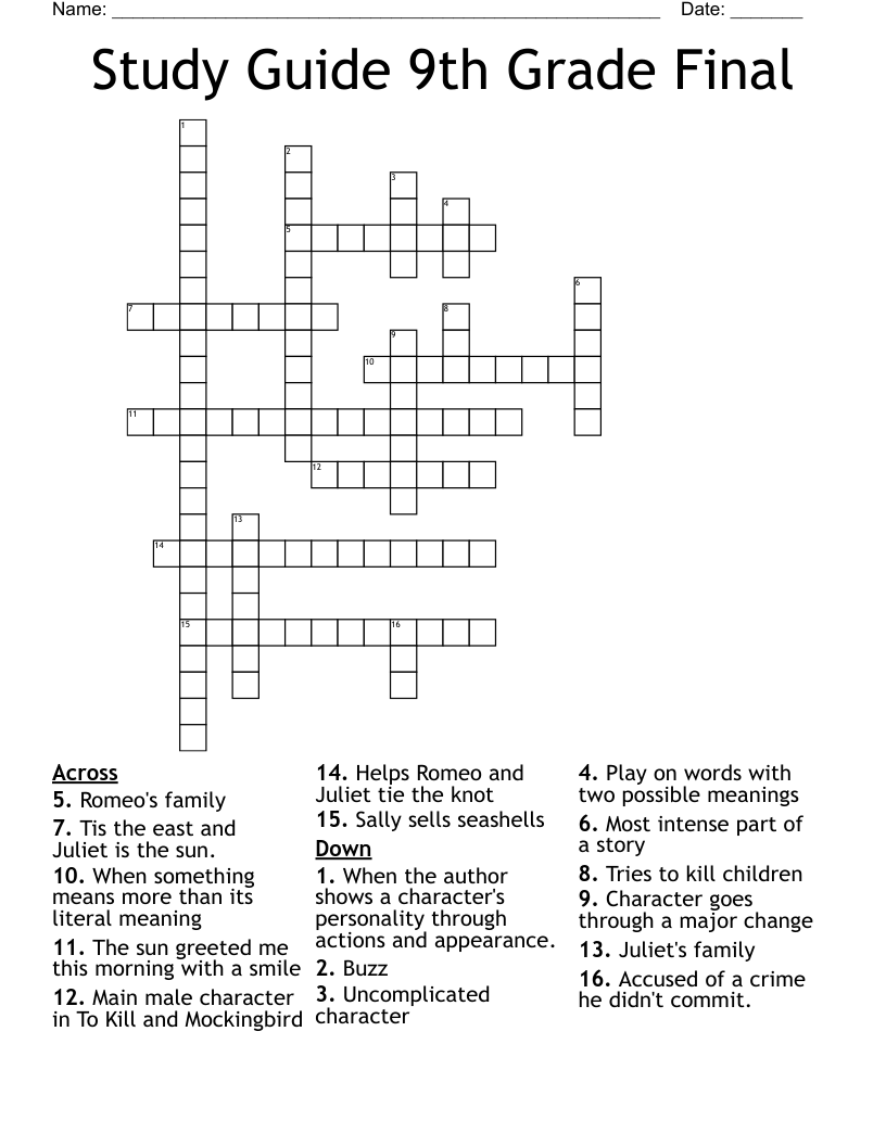 Study Guide 9th Grade Final Crossword