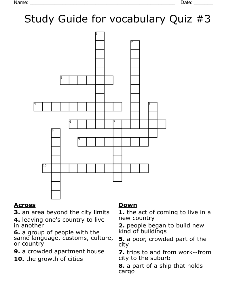 Study Guide for vocabulary Quiz #3 Crossword