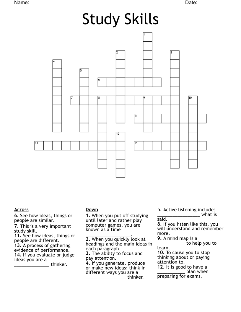 Study Skills Crossword