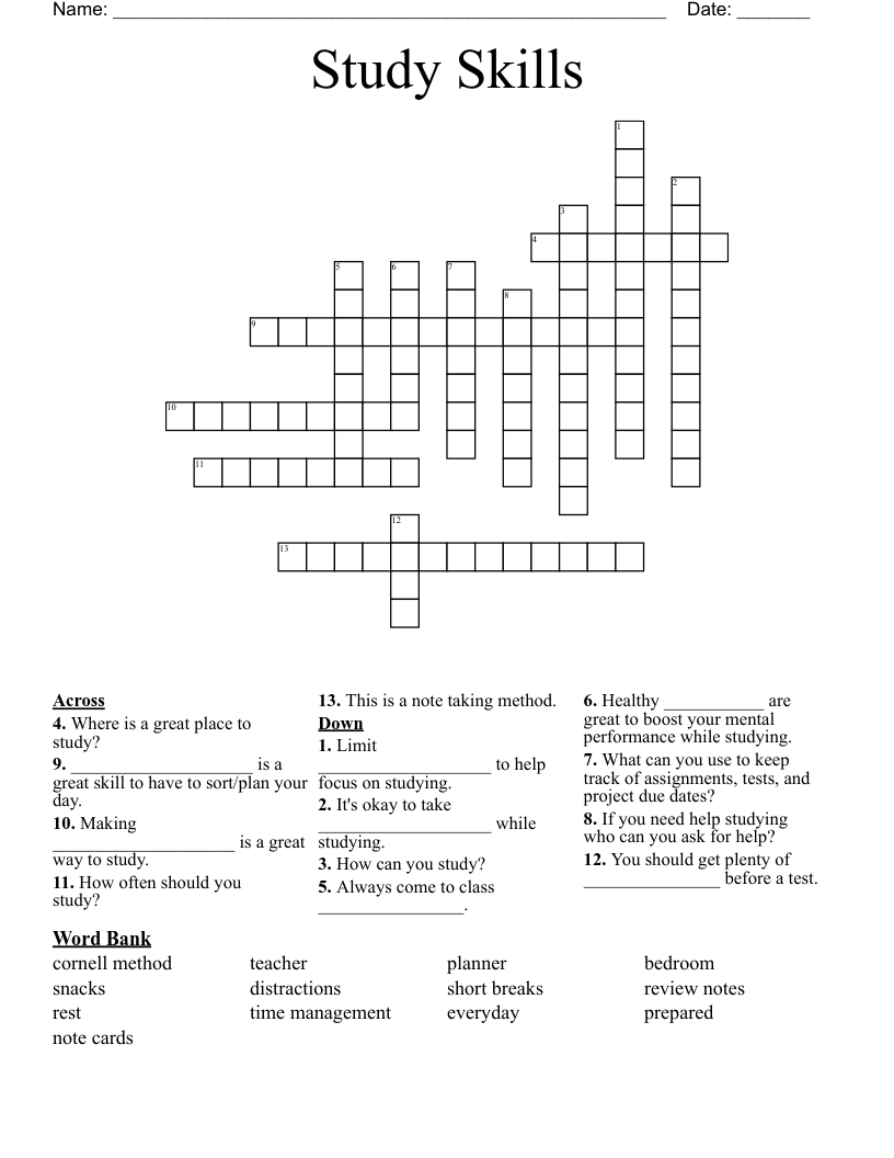 Study Skills Crossword
