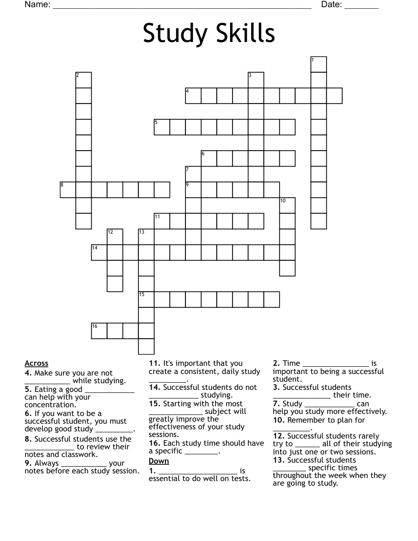Study Skills Crossword