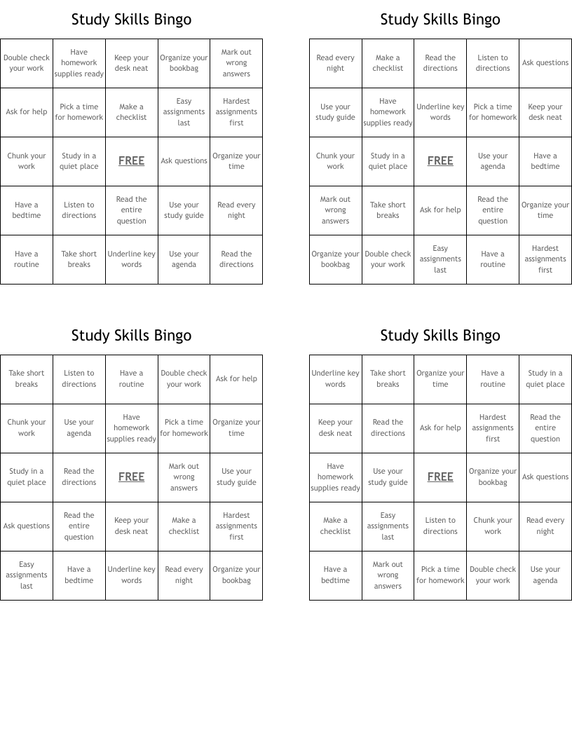 Study Skills Bingo
