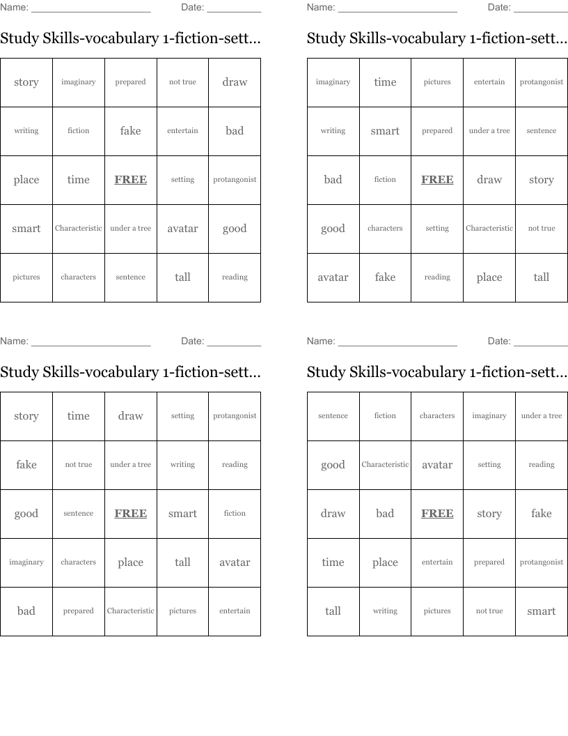Study Skills-vocabulary 1-fiction-setting-characteristics Bingo Cards