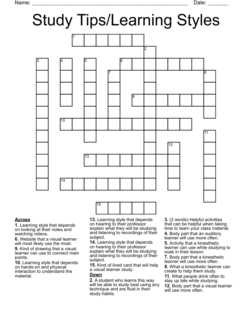 Study Tips/Learning Styles Crossword