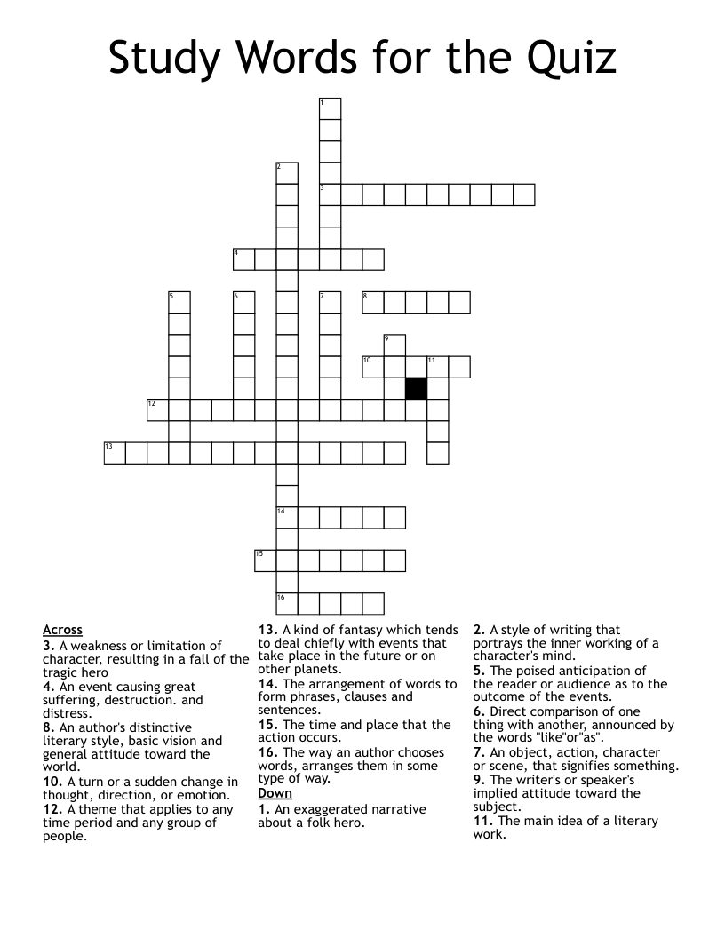 Study Words for the Quiz Crossword