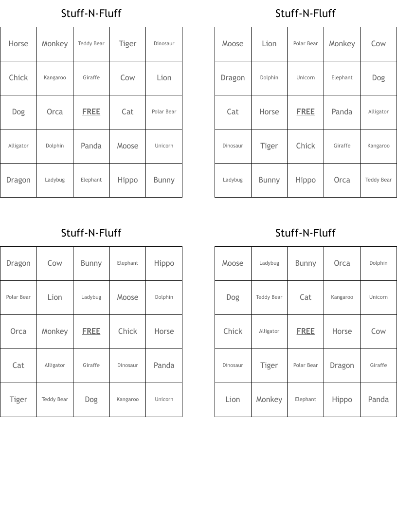 Stuff-N-Fluff Bingo Cards