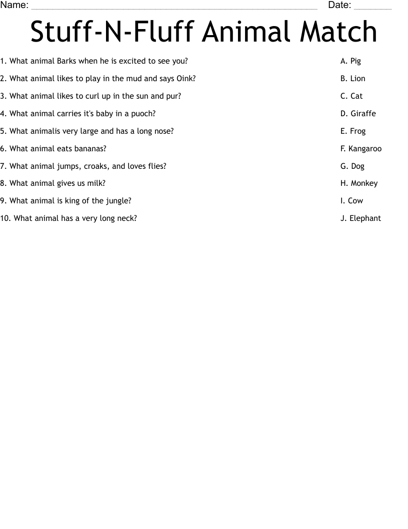 Stuff-N-Fluff  Animal Match Worksheet