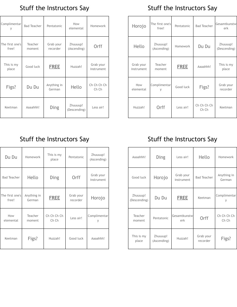 Stuff the Instructors Say Bingo Cards
