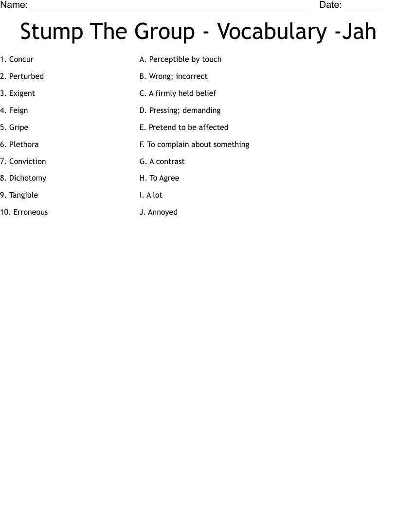 Stump The Group - Vocabulary -Jah Worksheet