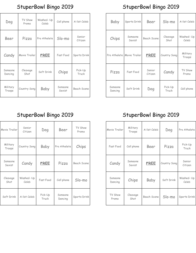 StuperBowl Bingo 2019