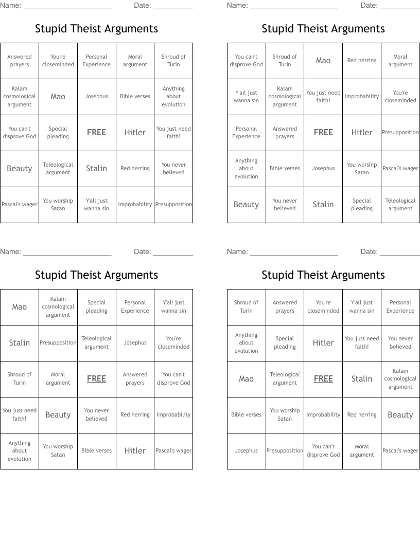 Stupid Theist Arguments Bingo Cards