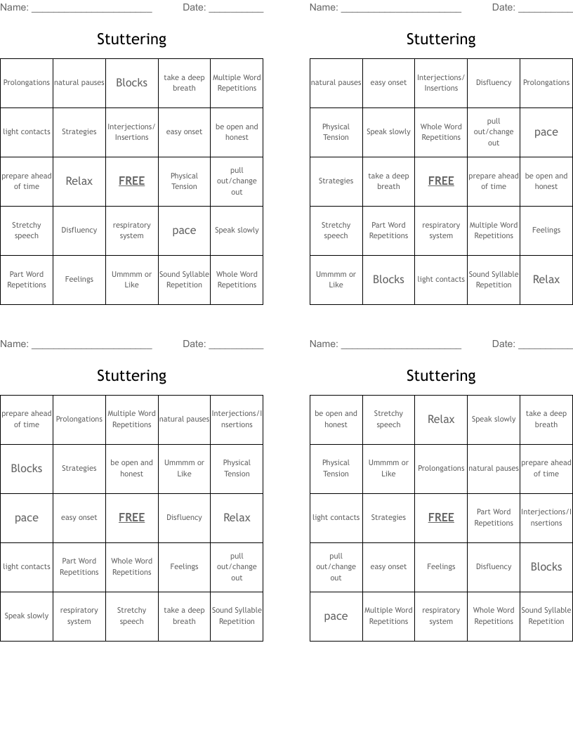 Stuttering Bingo Cards