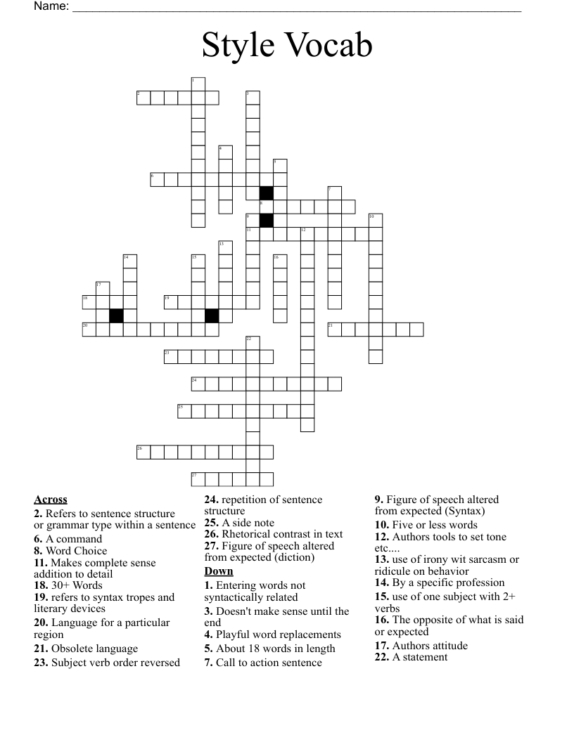 Style Vocab Crossword