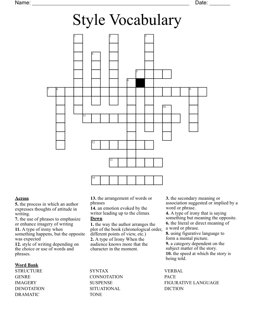 Style Vocabulary Crossword