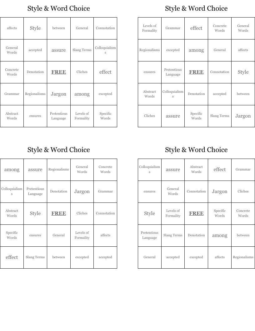 Style & Word Choice  Bingo Cards