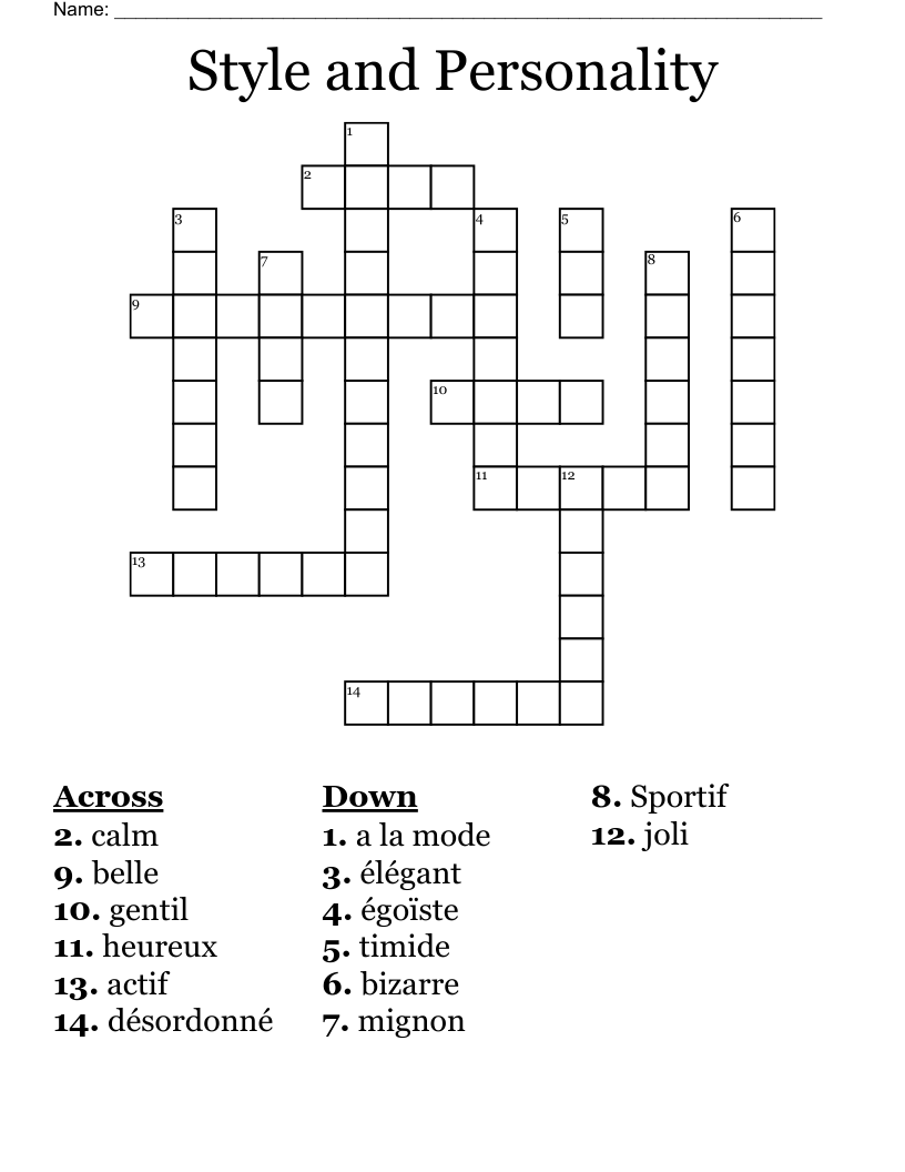 Style and Personality Crossword