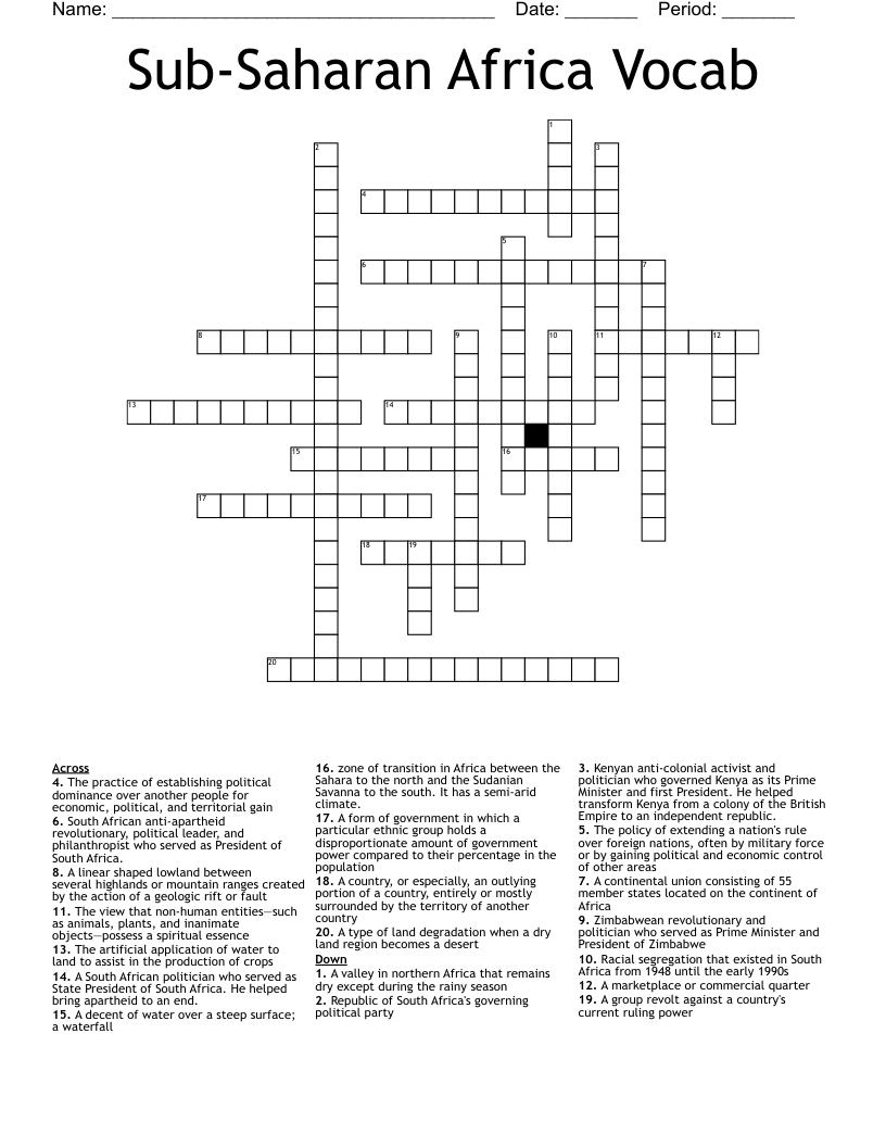 Sub-Saharan Africa Vocab Crossword