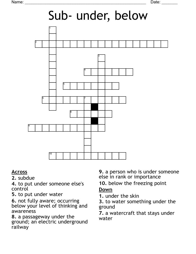 Sub- under, below Crossword
