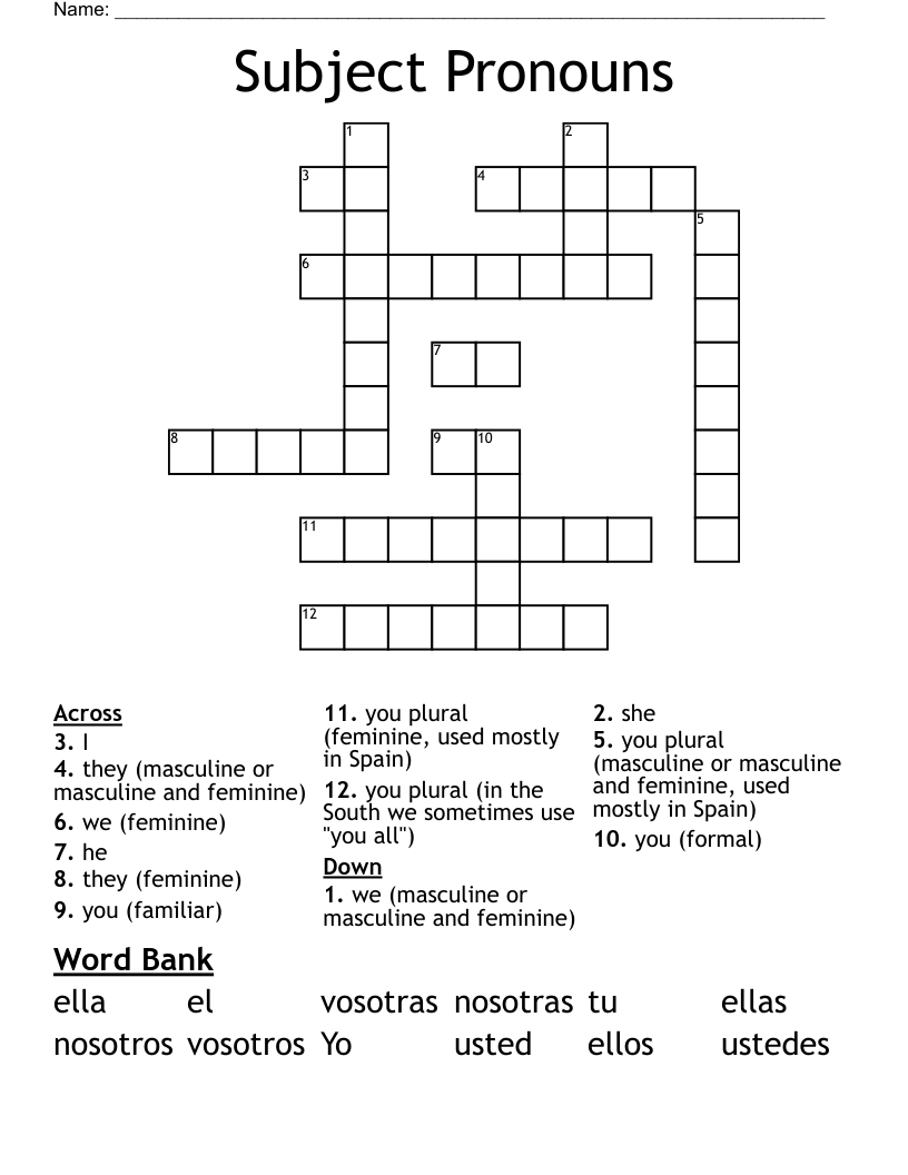 Subject Pronouns Crossword