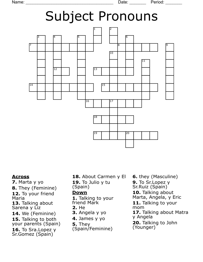 Subject Pronouns Crossword