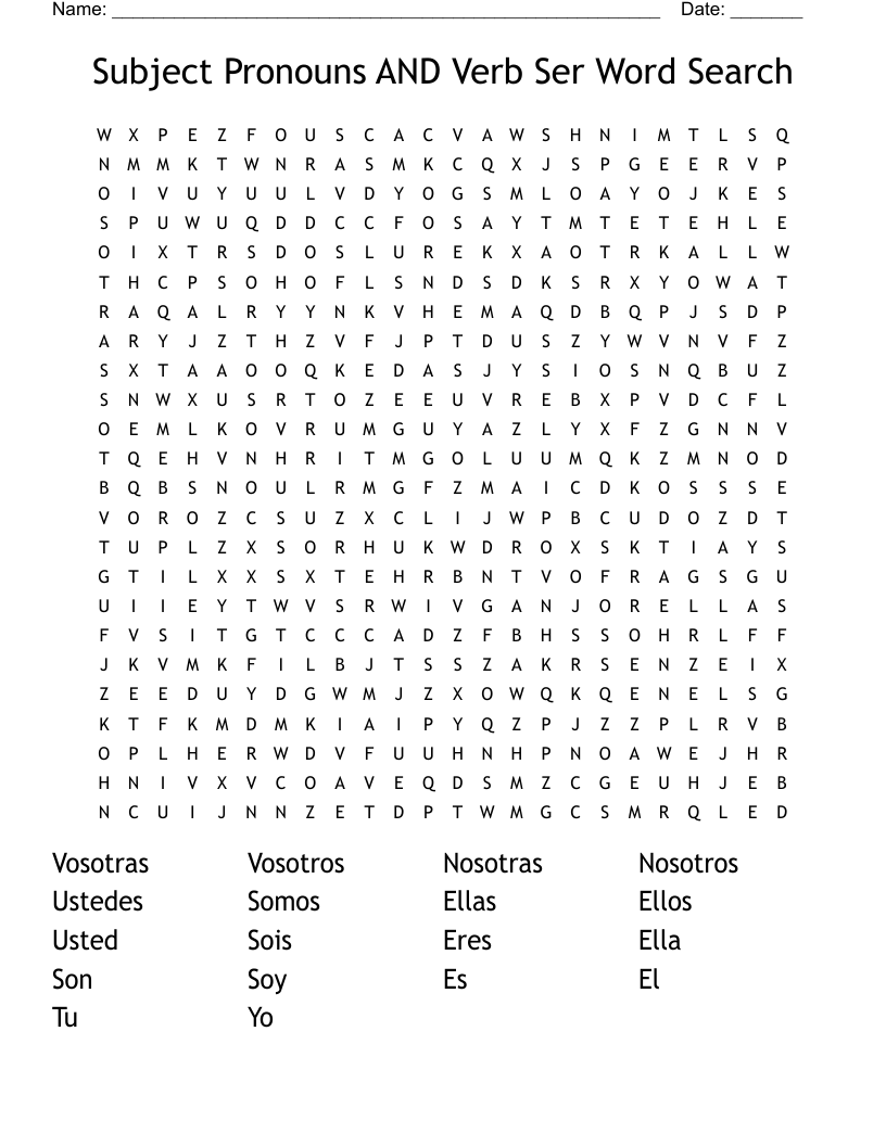 Subject Pronouns AND Verb Ser Word Search