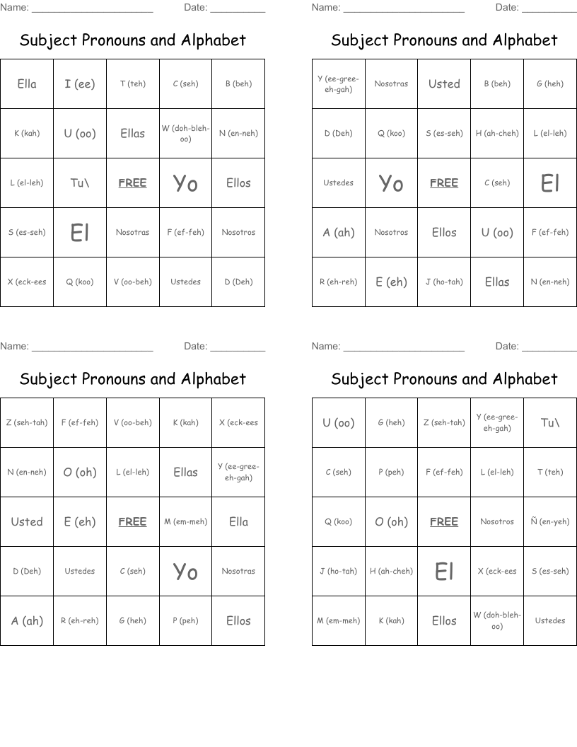 Subject Pronouns and Alphabet  Bingo Cards