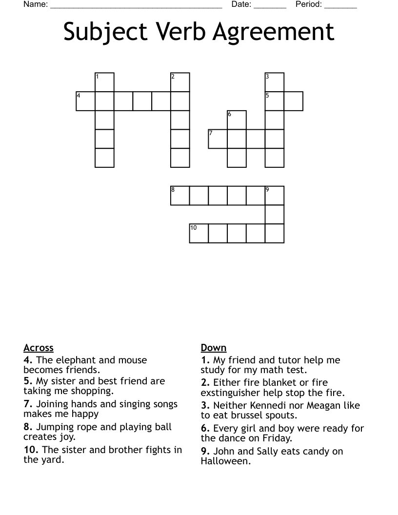 Subject Verb Agreement  Crossword
