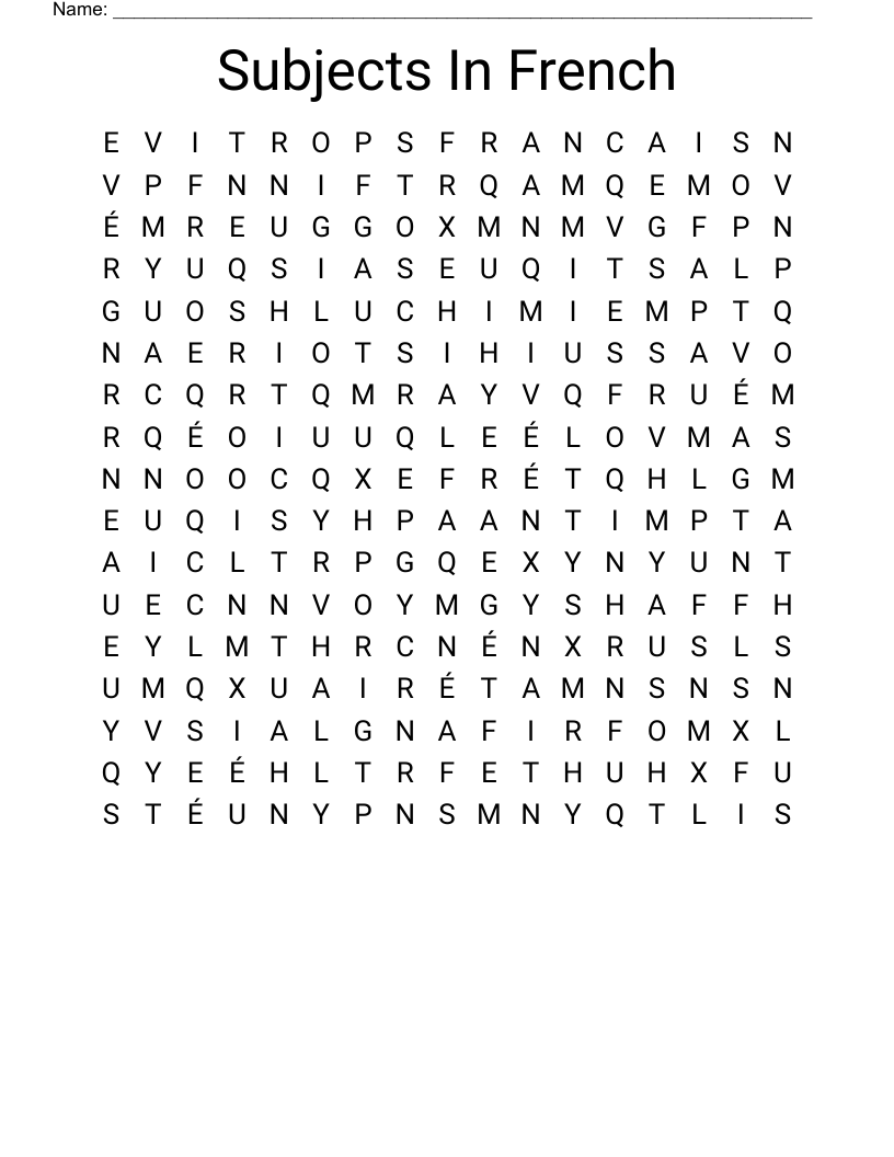 Subjects In French Word Search