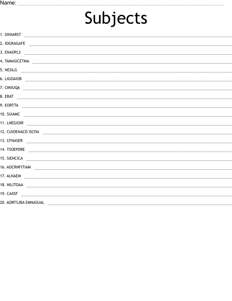 Subjects  Word Scramble