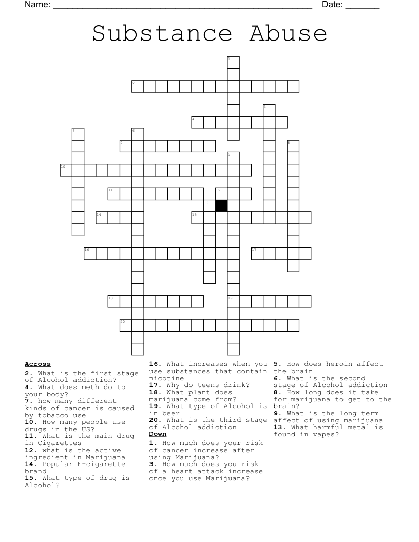 Substance Abuse Crossword