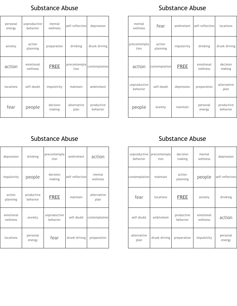 Substance Abuse Bingo Cards