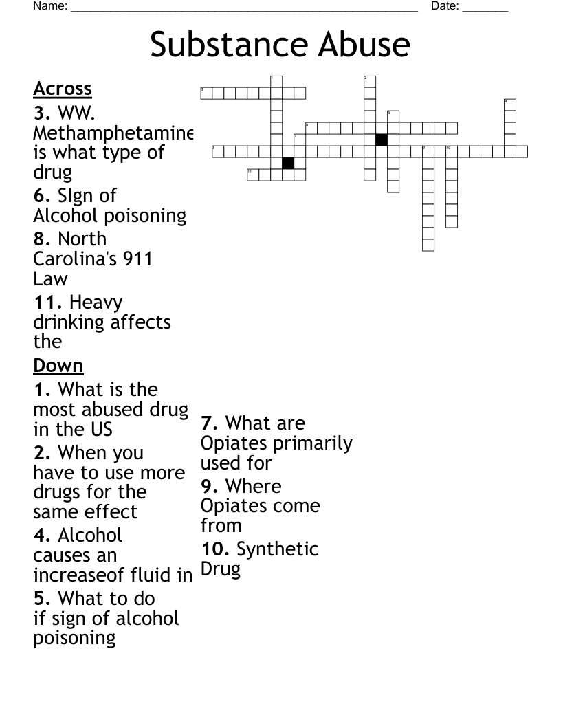 Substance Abuse Crossword