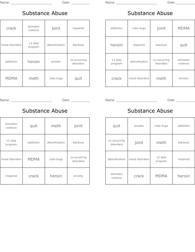 Substance Abuse Bingo Cards