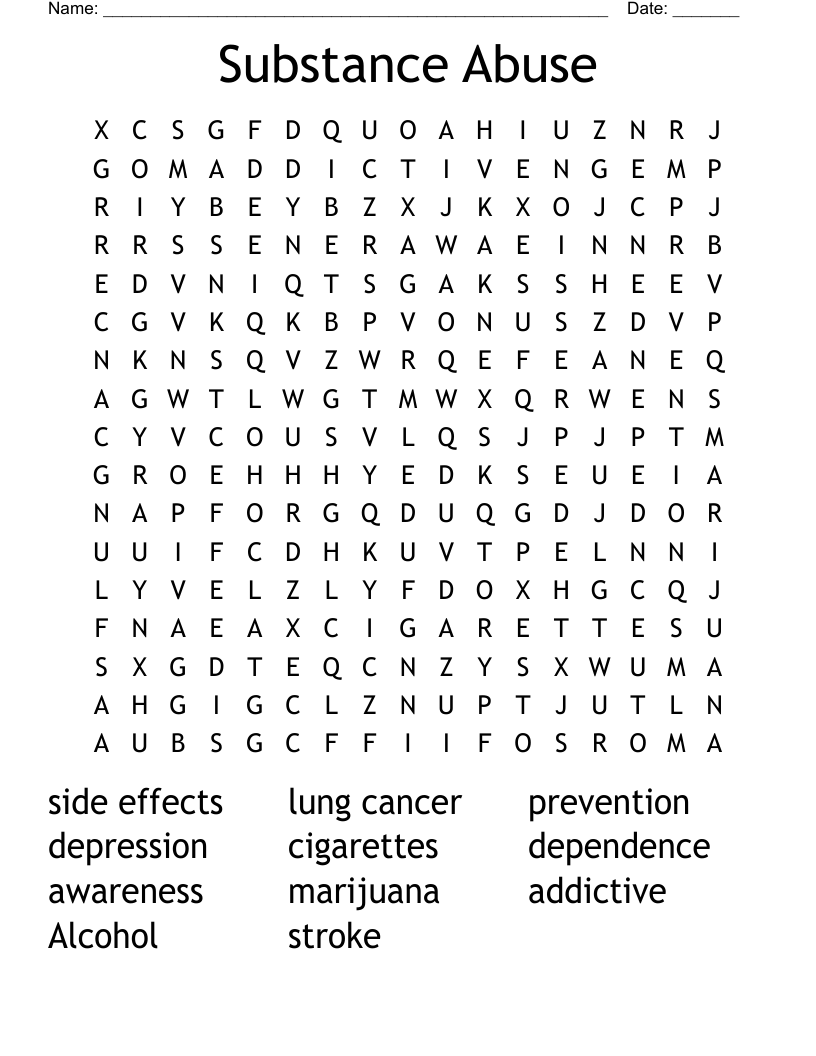 Substance Abuse Word Search