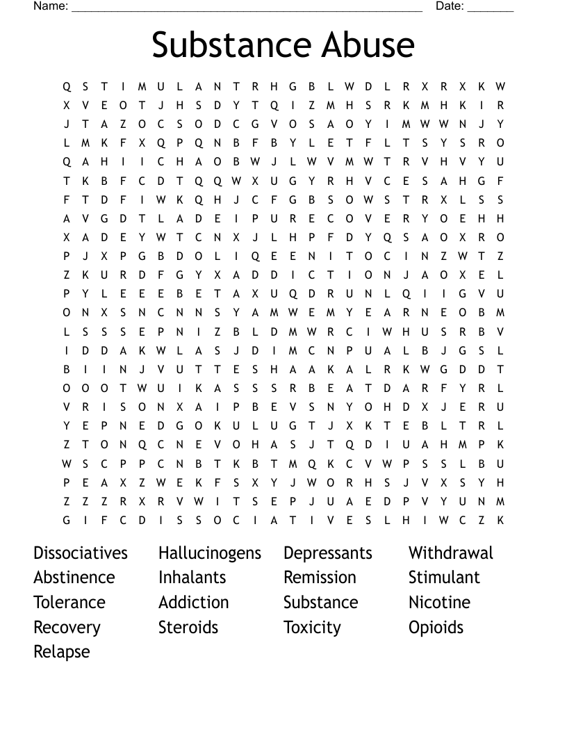 Substance Abuse Word Search