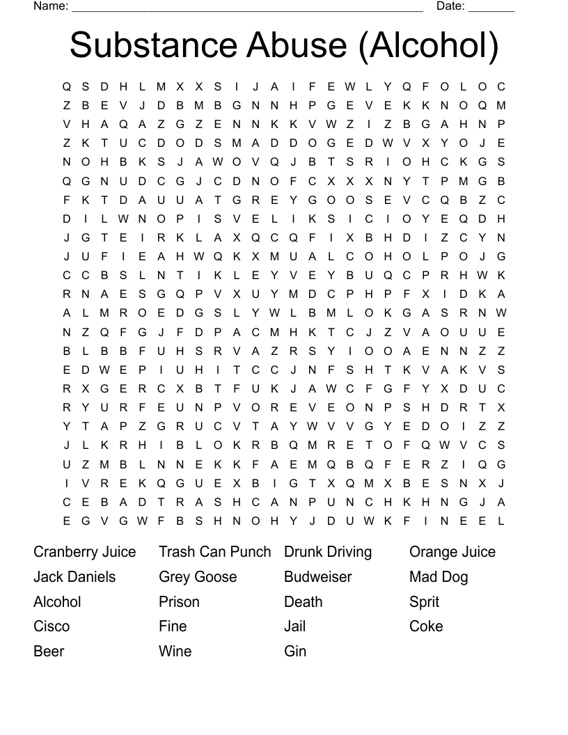 Substance Abuse (Alcohol) Word Search