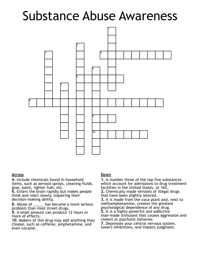 Substance Abuse Awareness Crossword
