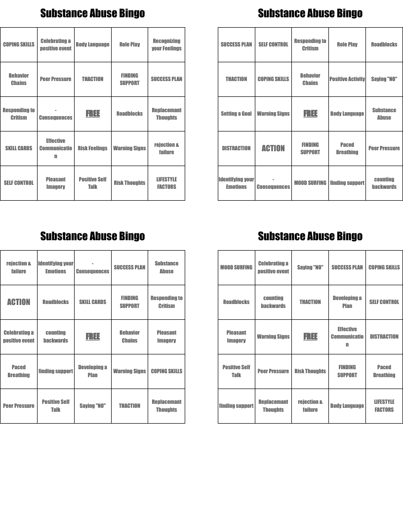 Substance Abuse Bingo