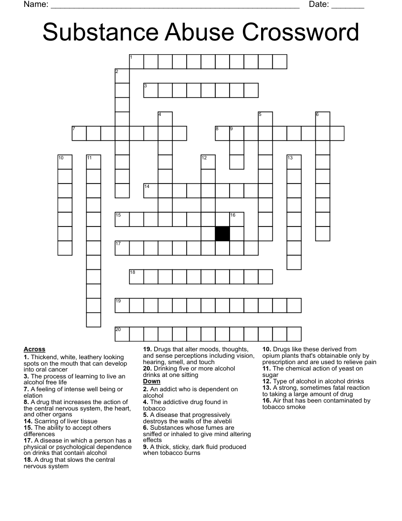 Substance Abuse Crossword