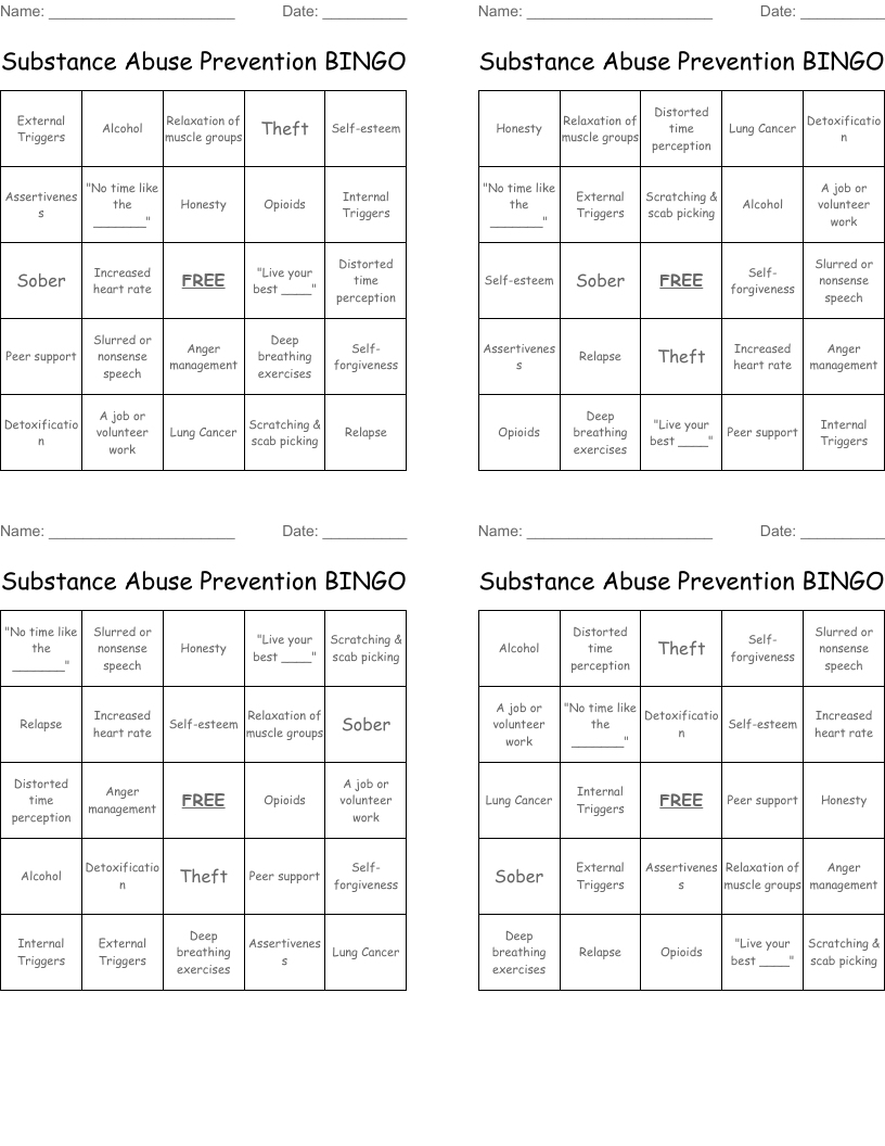 Substance Abuse Prevention BINGO