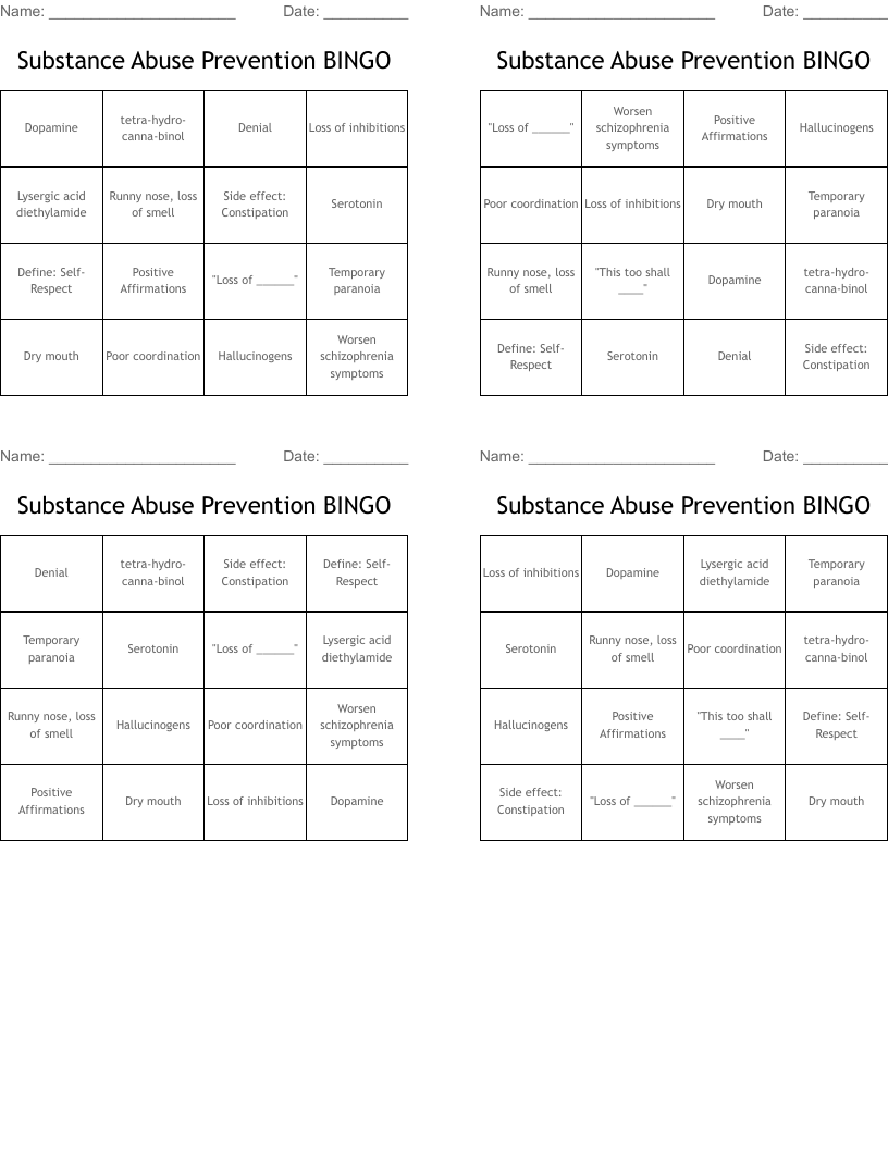 Substance Abuse Prevention BINGO