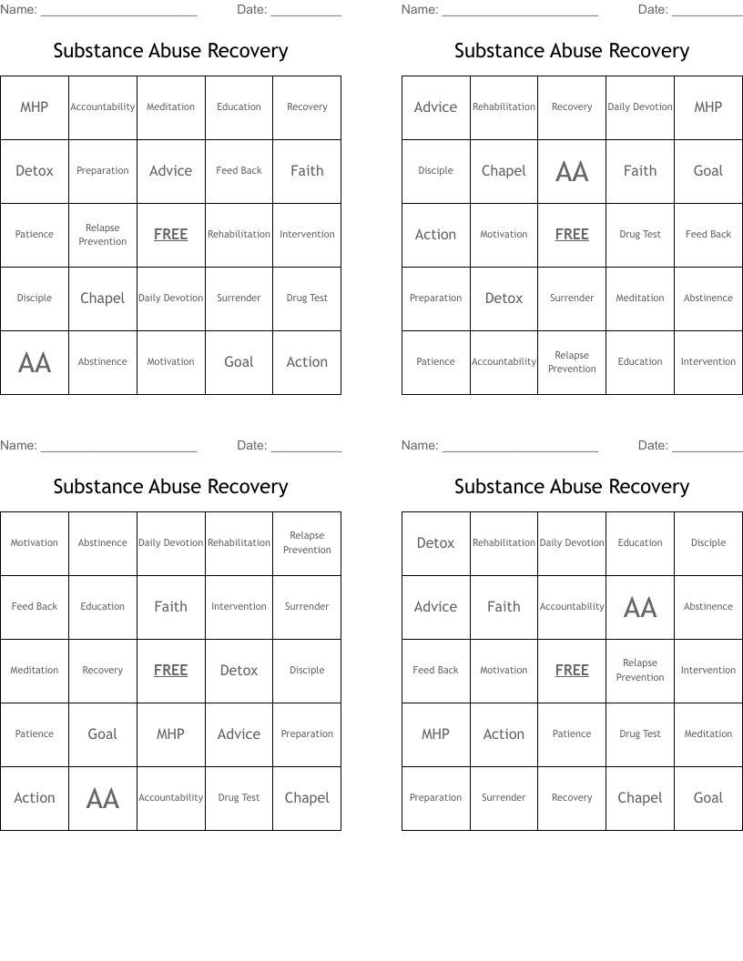 Substance Abuse Recovery Bingo Cards