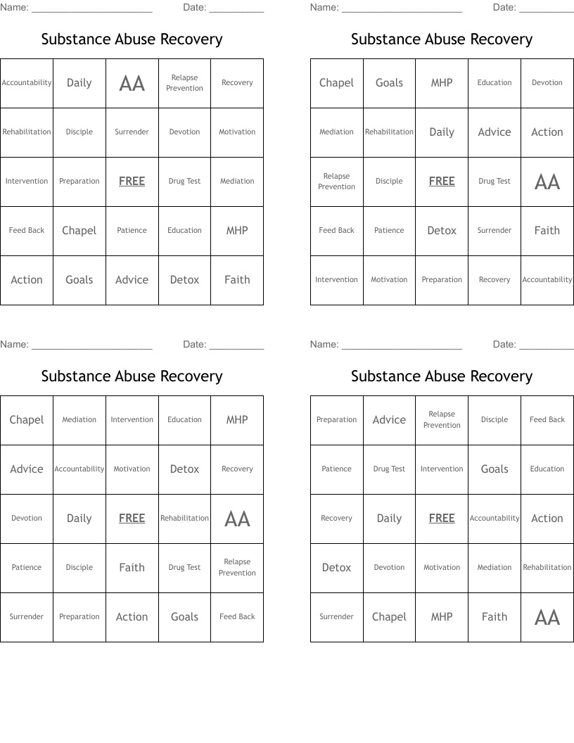 Substance Abuse Recovery Bingo Cards