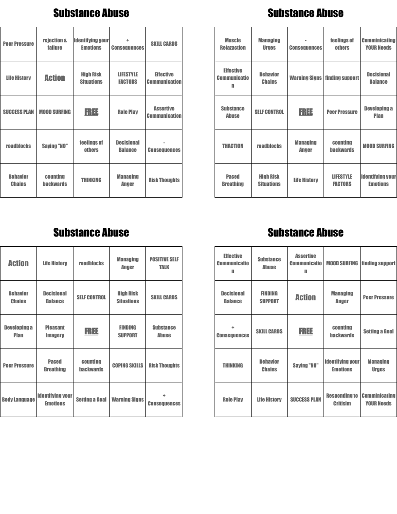 Substance Abuse  Bingo Cards