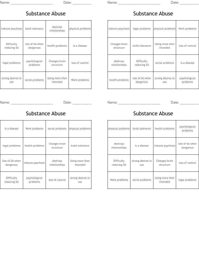 Substance Abuse  Bingo Cards